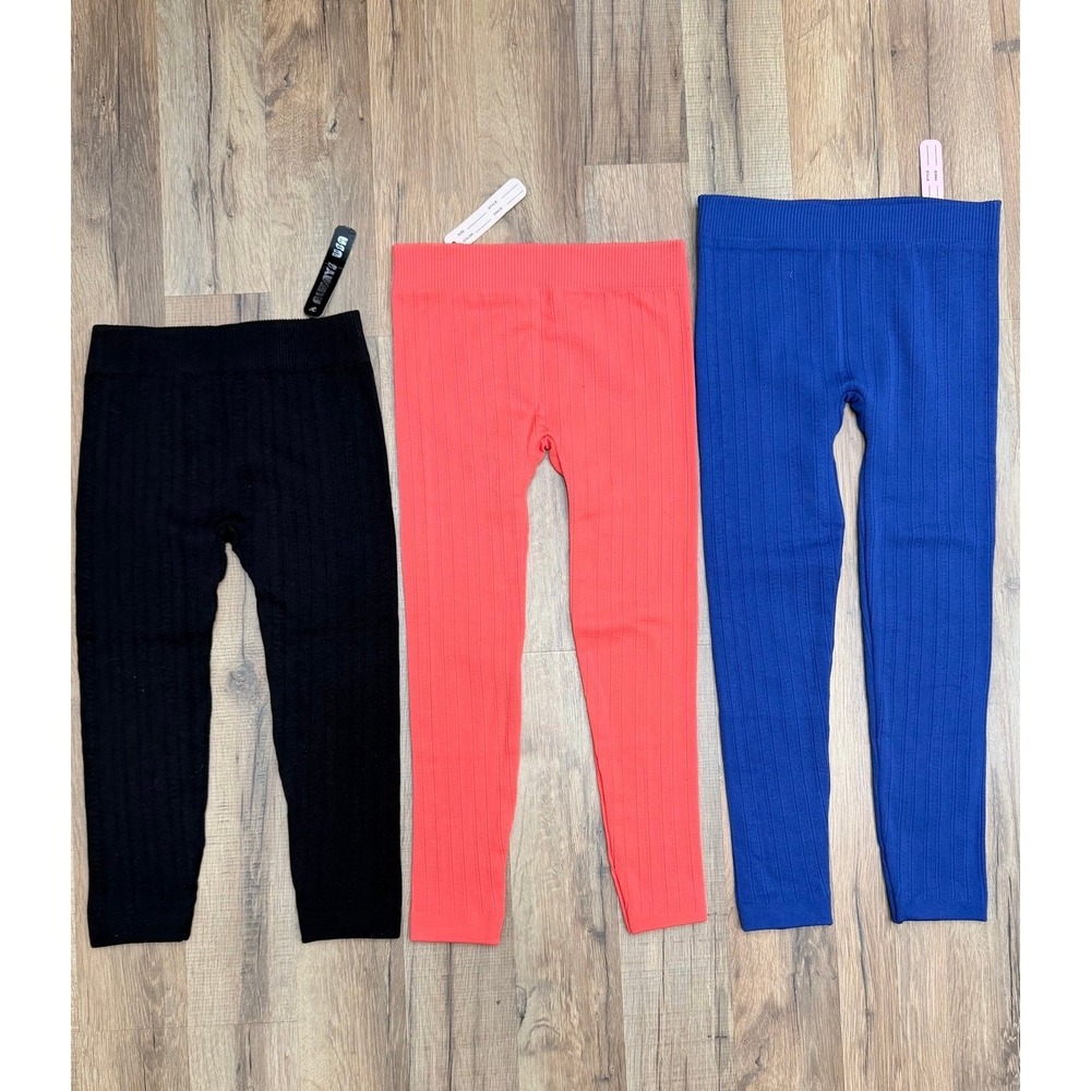 Girls 3-Pack Ribbed Knit Tights Bundle One Size (S/M/L Fit) Black Coral Blue